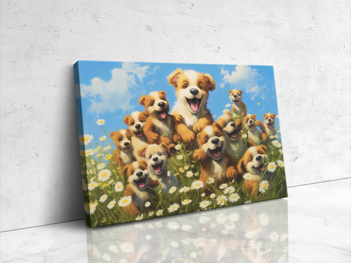 Pack Of Cute Happy Dogs In A Field Of Wildflowers Painting Framed Print Ready To Hang Happy And Uplifting Art - Image 4