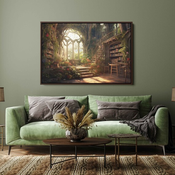Magical Treehouse Library Staircase Bookshelf Wall Sunlit Fantasy Poster