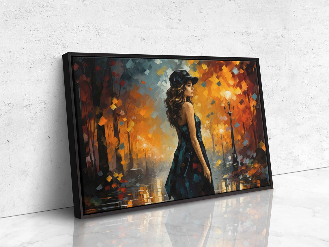 Woman Walking Autumn Night Street Palette Knife City Rain Lamp Art - Image 4