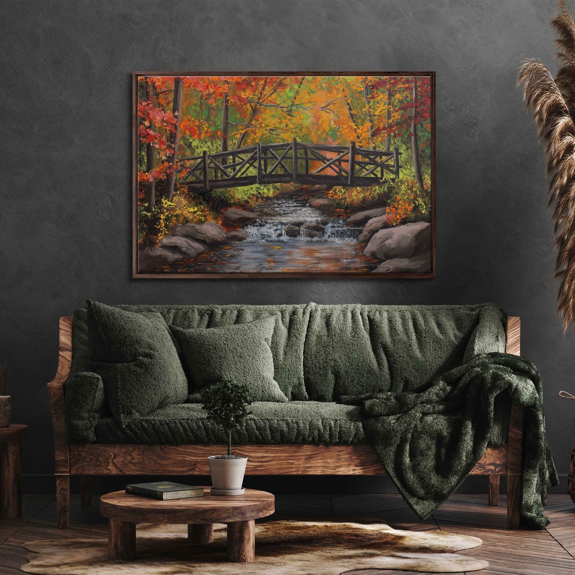 Rustic Wooden Footbridge Over Rocky Stream In Autumn Forest Art Poster