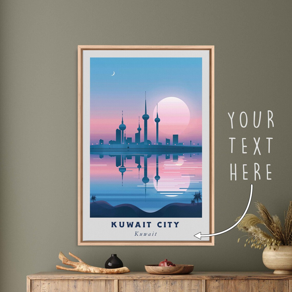 Kuwait City Kuwait Towers Night Reflection Moon Travel Poster