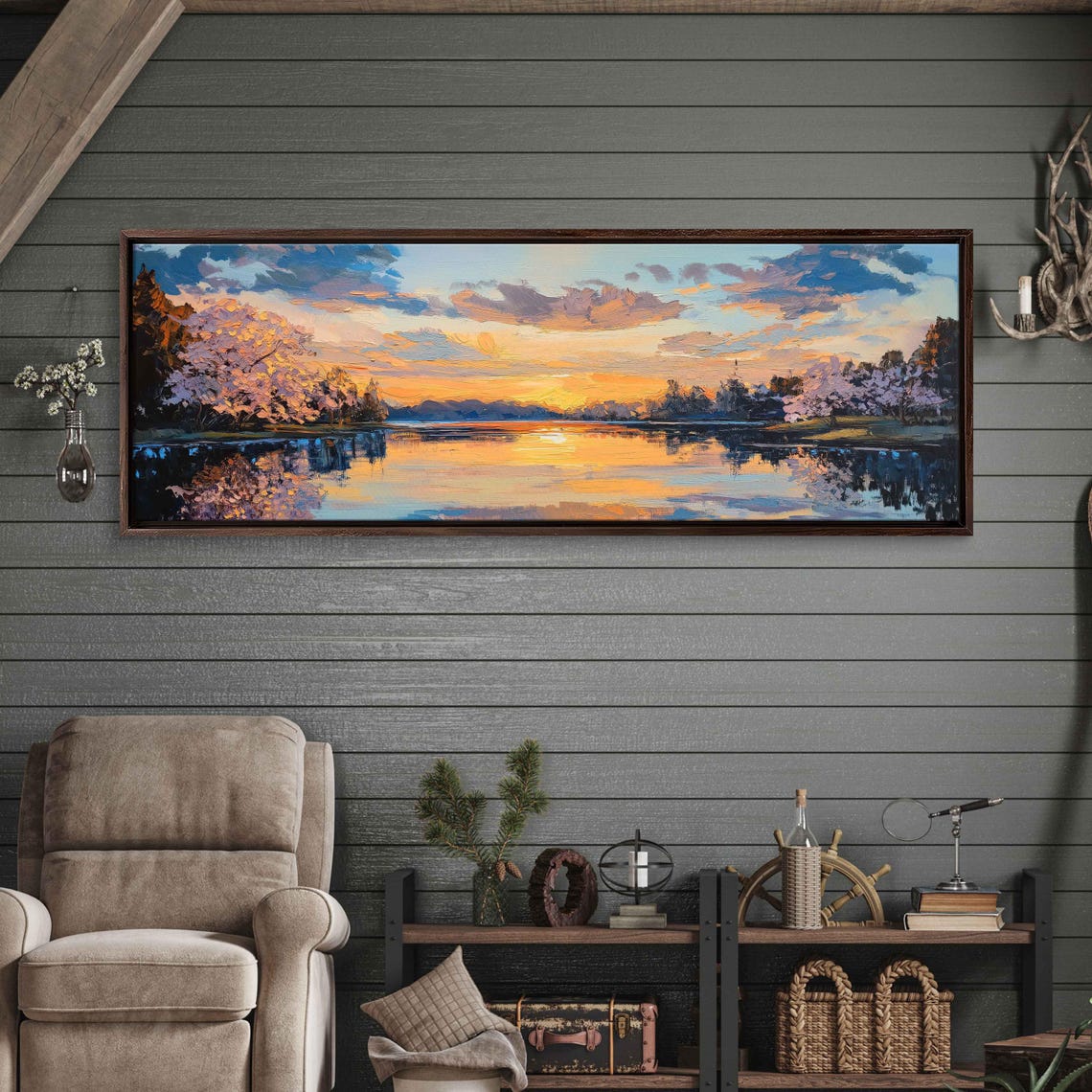 Breathtaking Spring Landscape Wall Art Print Fiery Sunset Reflections Blooming Trees