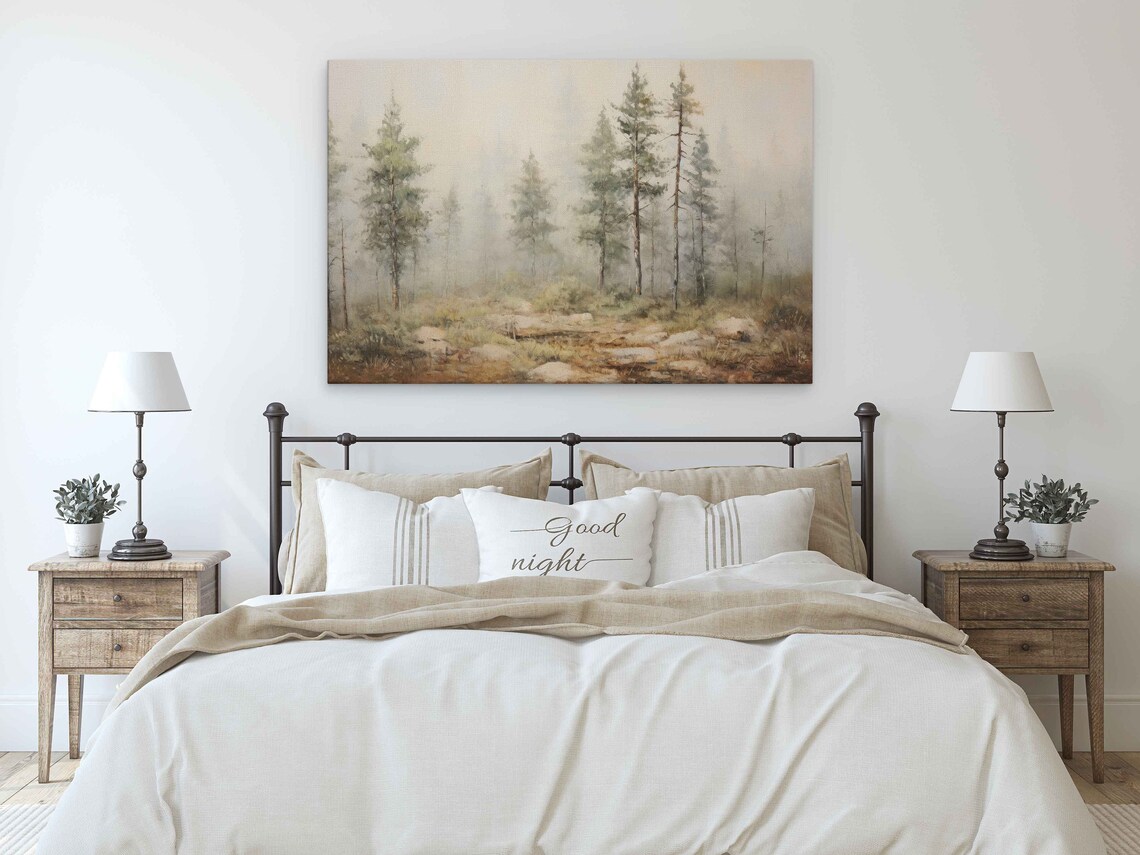 Vintage Foggy Forest Painting Impressionist Art Framed Print Ready To Hang Rustic Wall Art - Image 3