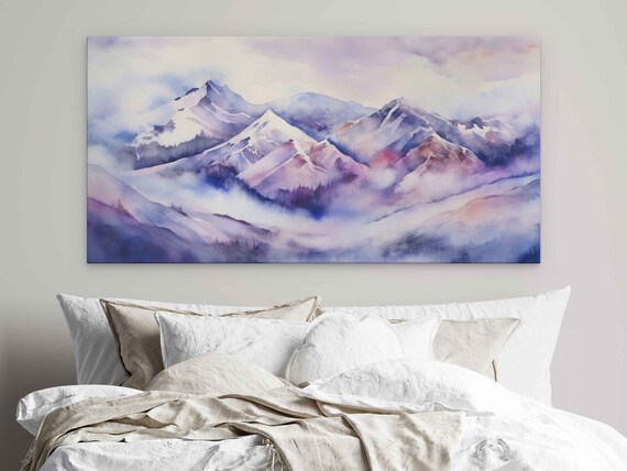 Beautiful Abstract Watercolor Of Purple Foggy Mountains Print On Ready To Hang Colorful Living Room Decor