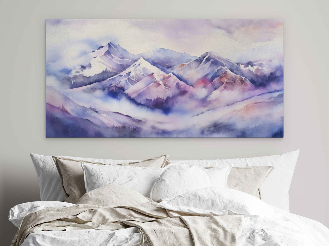 Purple Lavender Foggy Mountain Peaks Watercolor Landscape Poster