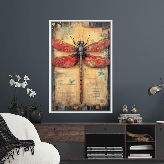 Surreal Bronze Dragonfly, Whimsical Collage Style