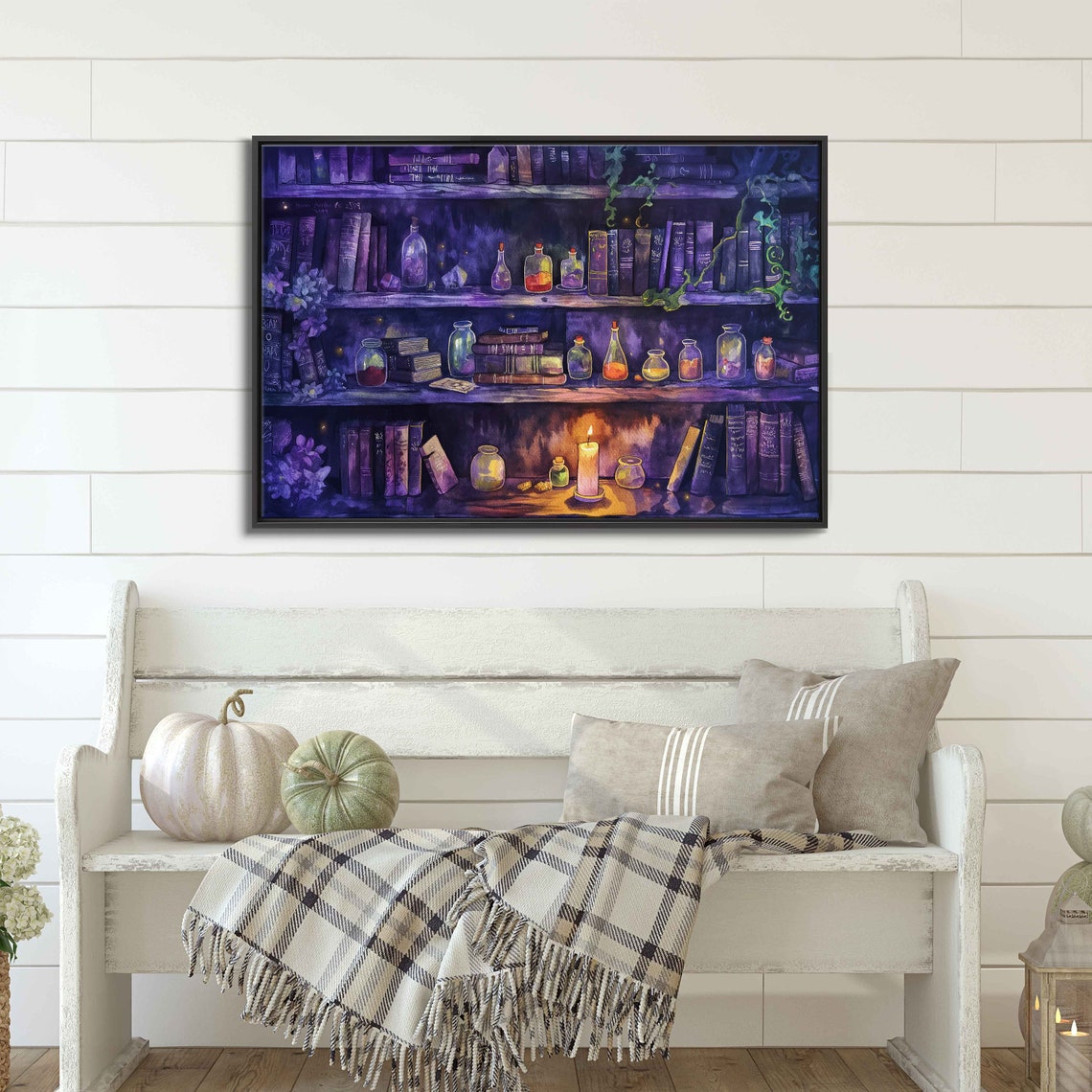 Witches Apothecary Shelf Potion Bottles Candlelight Purple Wall Art - Image 3