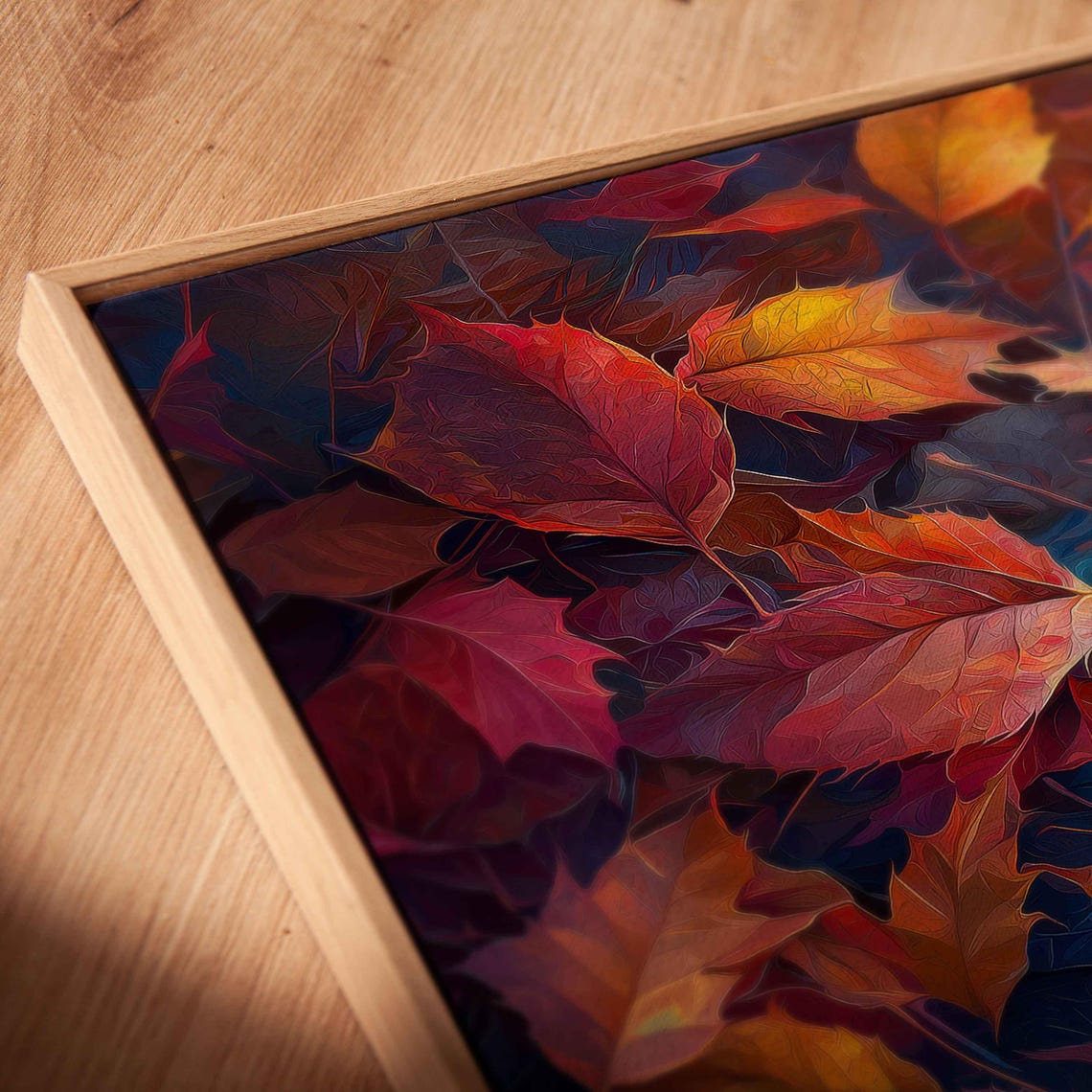 Blue Latte Cup With Leaf Art Among Crimson Autumn Leaves Print - Image 2