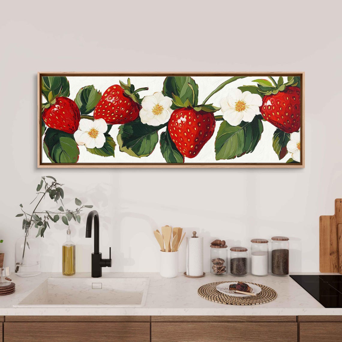 Fresh Strawberries Vine White Blossoms Panoramic Kitchen Fruit Poster