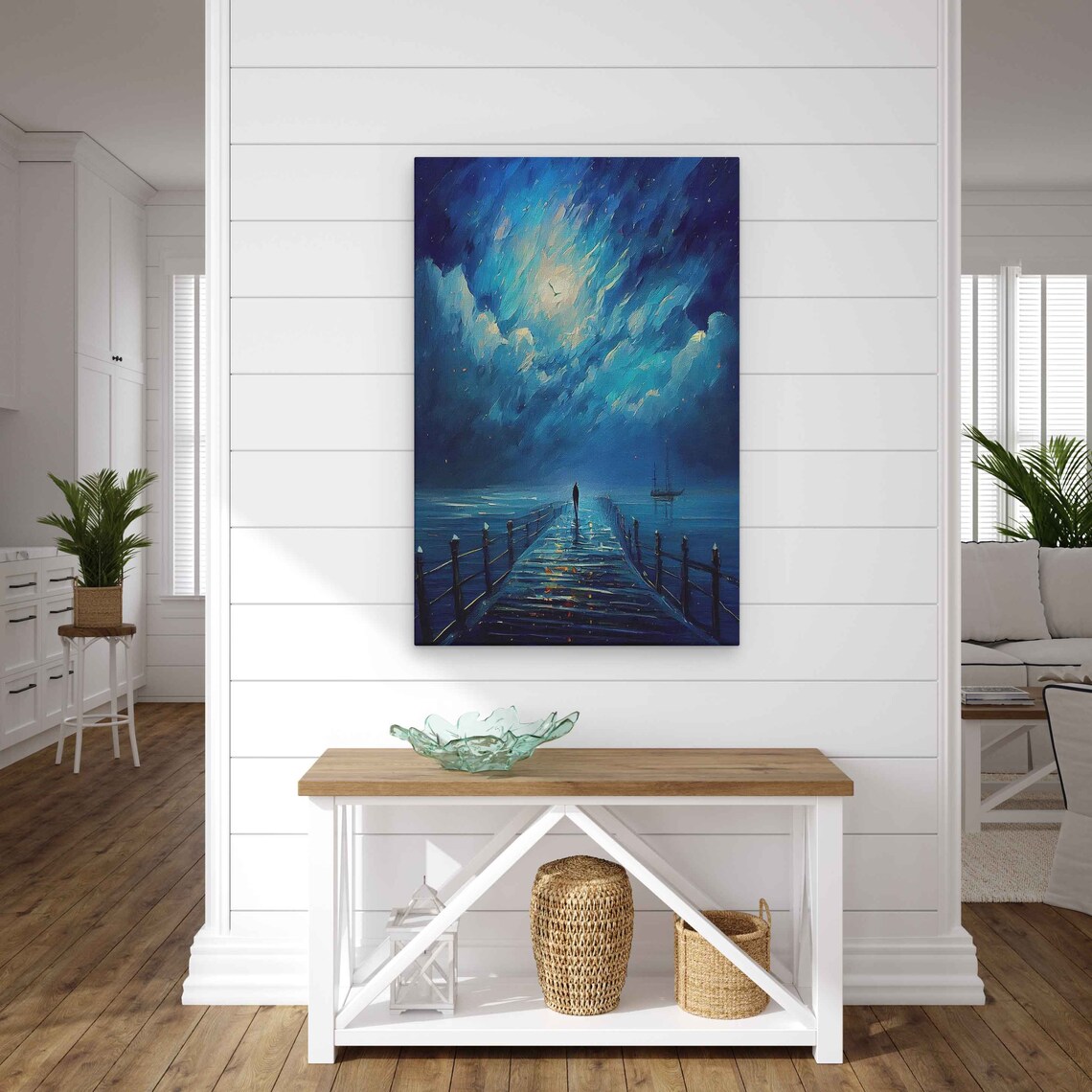 Moonlit Night Beach Pier With Lone Figure Clouds And Sailboat Art Poster - Image 2