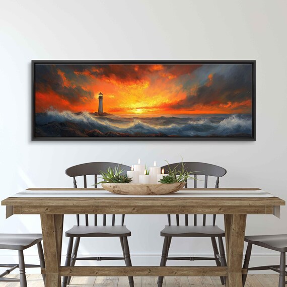 Lighthouse At Fiery Sunset Panoramic Ocean Waves Dramatic Orange Sky Coastal Poster