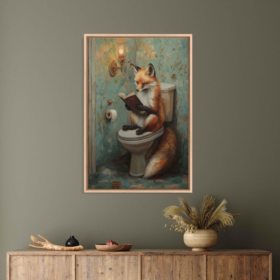 Fox Reading Book On Toilet Candlelit Vintage Bathroom Wall Art