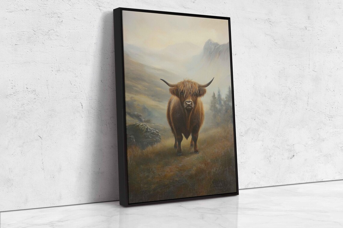 Highland Cow Misty Morning Portrait Atmospheric Oil Painting Poster - Image 4