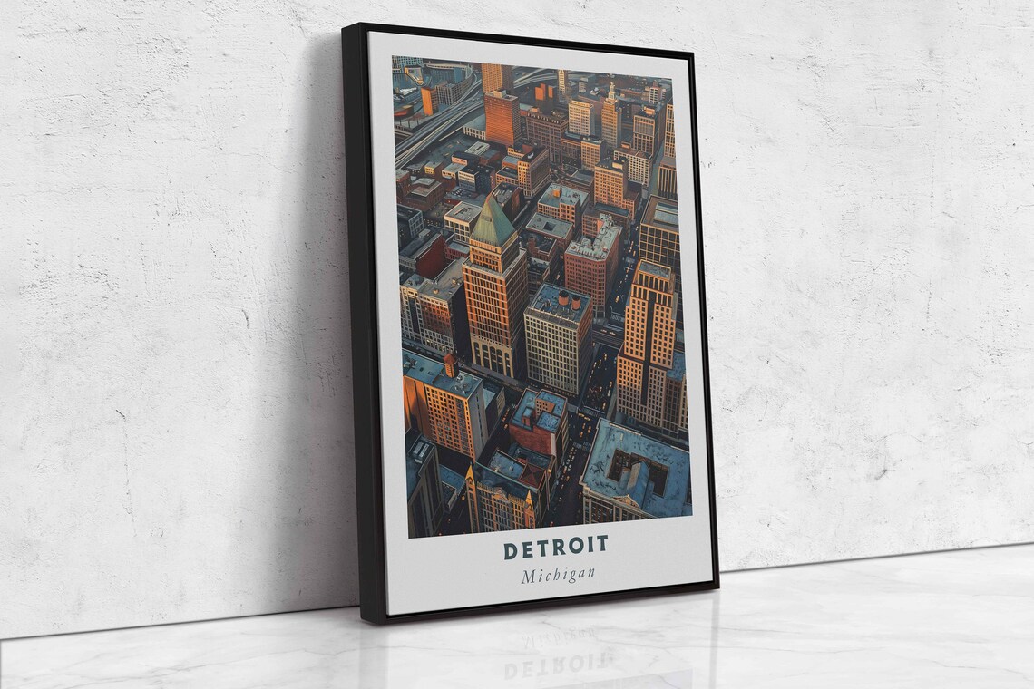 Detroit Michigan Downtown Aerial Golden Sunset Skyline View Poster - Image 2
