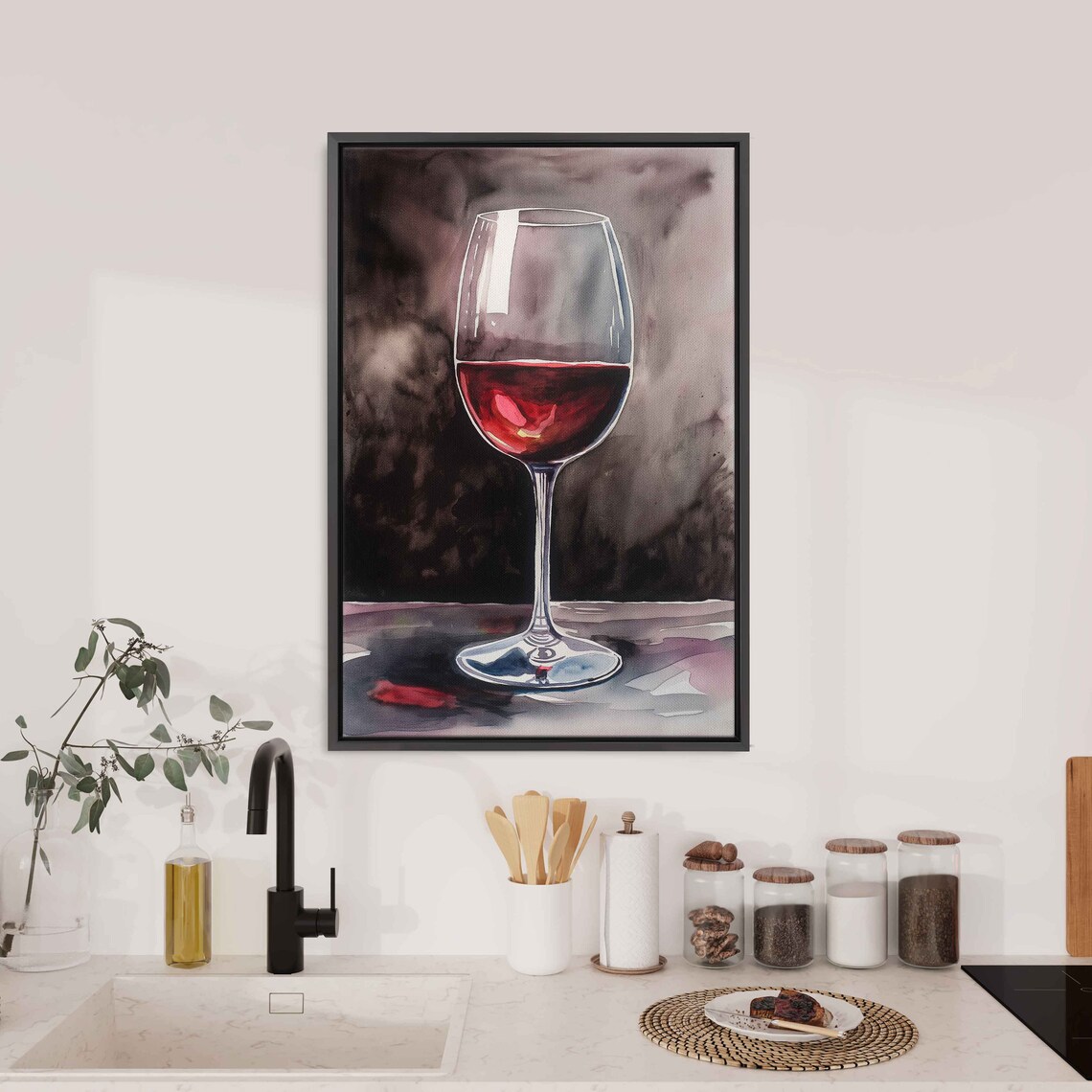 Elegant Red Wine Glass Watercolor Painting Dark Moody Background Art Poster