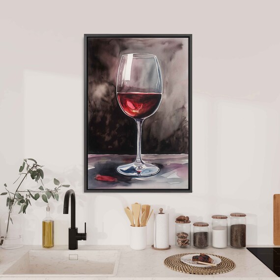 Elegant Red Wine Glass Watercolor Painting Dark Moody Background Art Poster