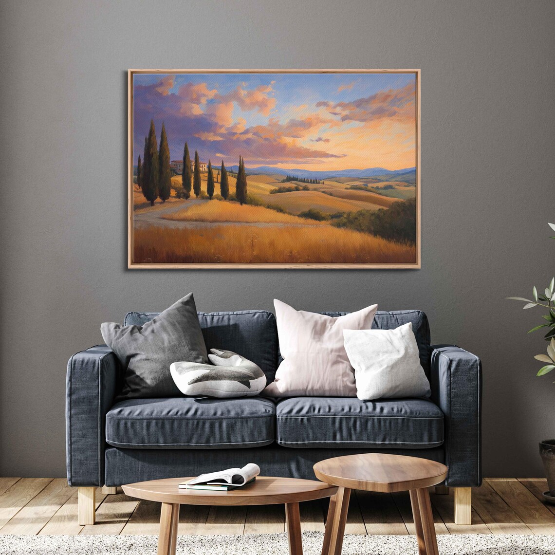Tuscan Landscape At Sunset Wall Art Print Rolling Hills Cypress Trees Vibrant Sky