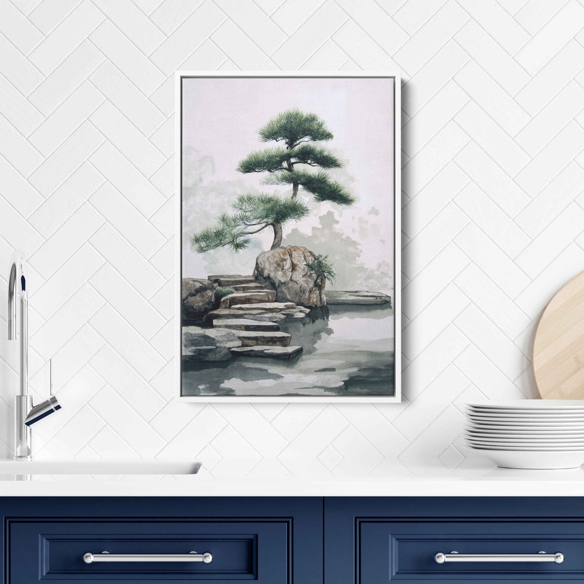 Japanese Pine Tree Rock Stone Steps Still Water Zen Watercolor Print - Image 3