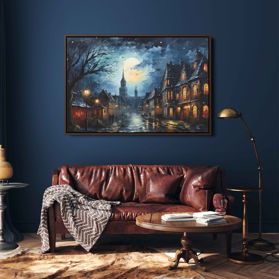 Moonlit Old Town Street Glowing Windows Night Lamp Impasto Art Poster