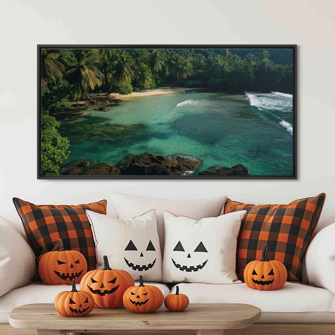 Aerial Tropical Cove Turquoise Water Palm Beach Waves Travel Poster - Image 3