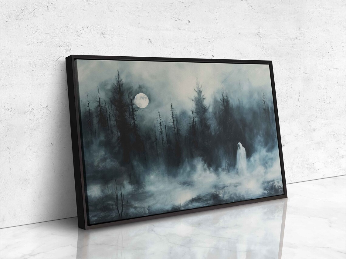 Ghostly Figure In Foggy Pine Forest Full Moon Night Spooky Poster - Image 4