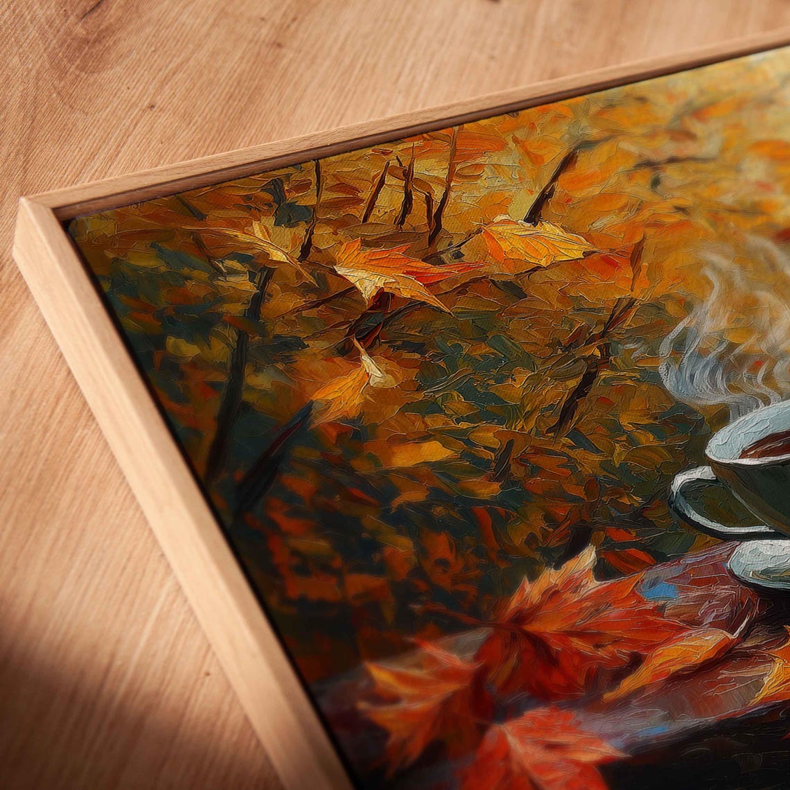 Steaming Coffee And Open Book Amid Falling Maple Leaves Painting - Image 2