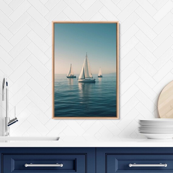 Three Sailboats Calm Blue Sea Golden Light Serene Nautical Travel Poster