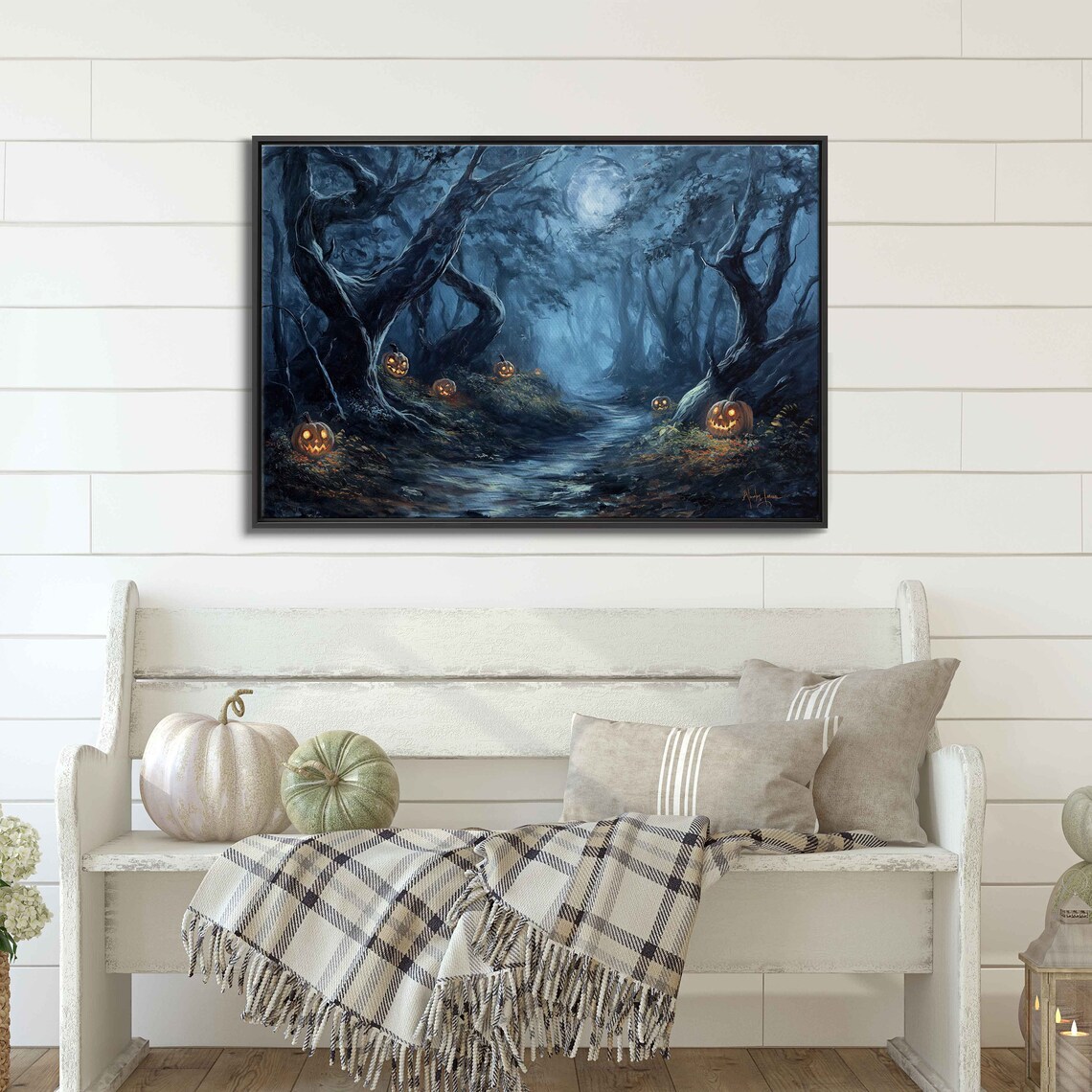 Enchanted Moonlit Forest Path With Glowing Jack O Lanterns Blue Night Wall Art