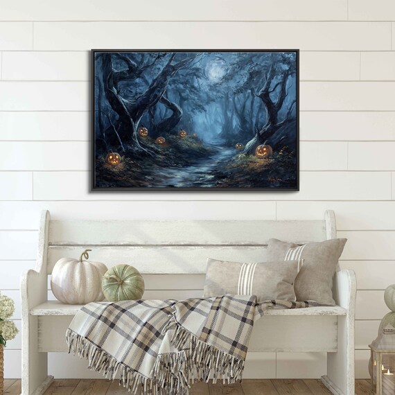 Enchanted Moonlit Forest Path With Glowing Jack O Lanterns Blue Night Wall Art