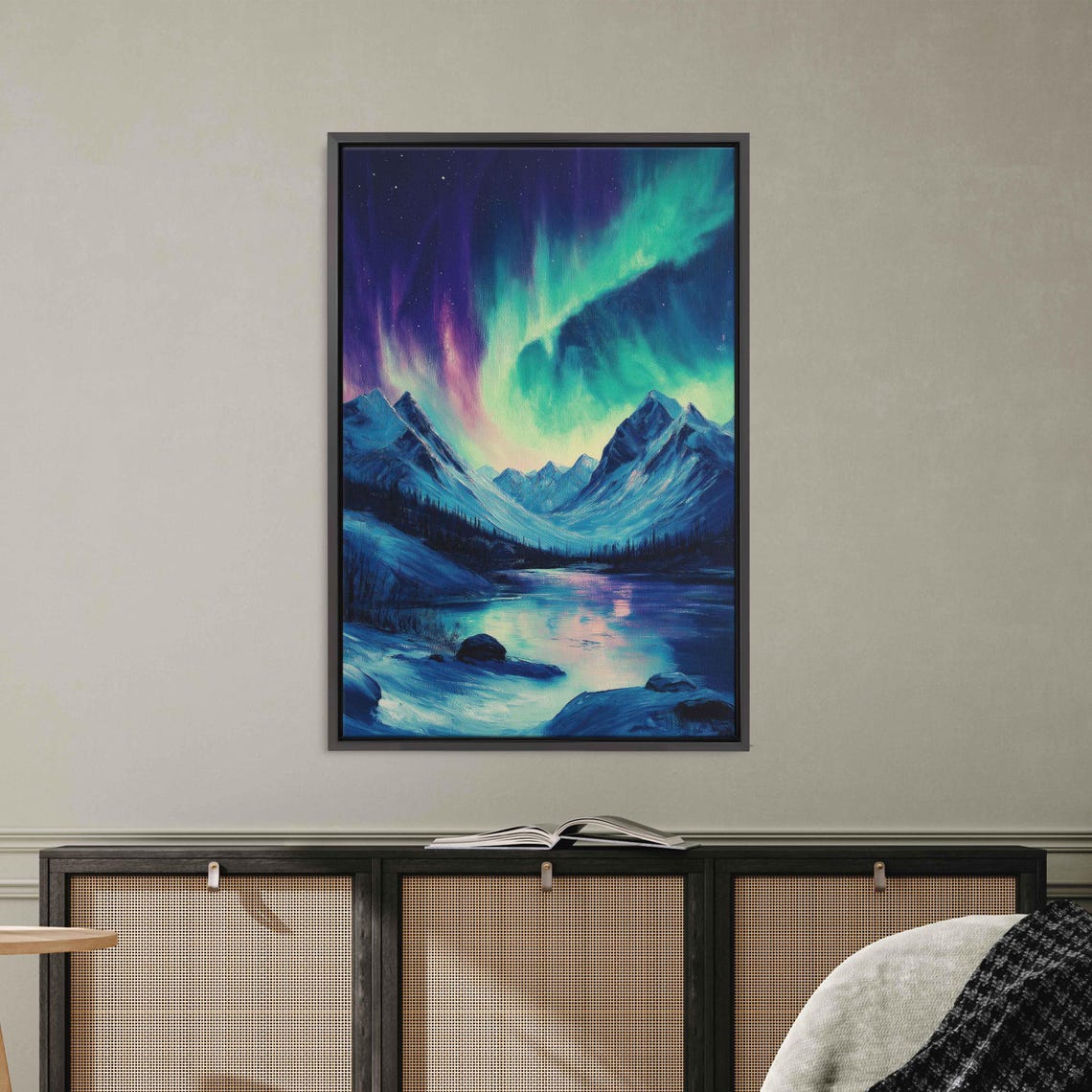 Aurora Borealis Over Snow Capped Mountains Glacial Lake Night Poster