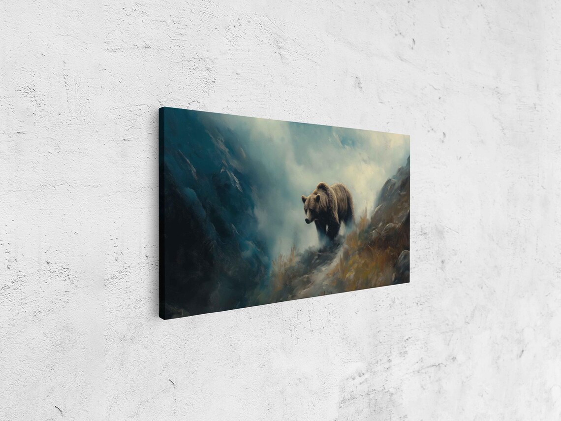 Grizzly Bear Emerging From Fog Mountain Trail Dramatic Oil Painting Print - Image 4