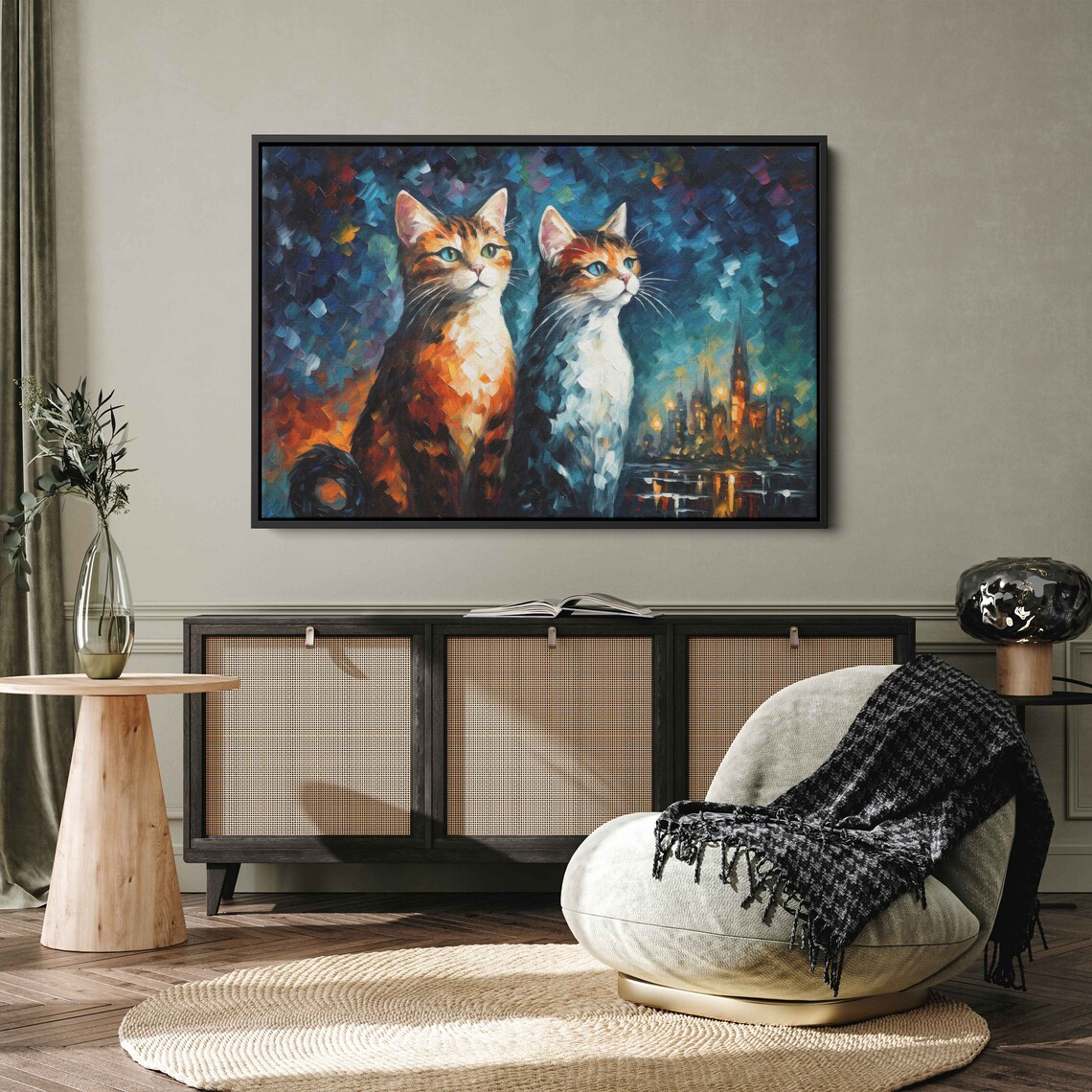 Two Cats City Night Lights Mosaic Colorful Oil Painting Animal Wall Art Print - Image 3