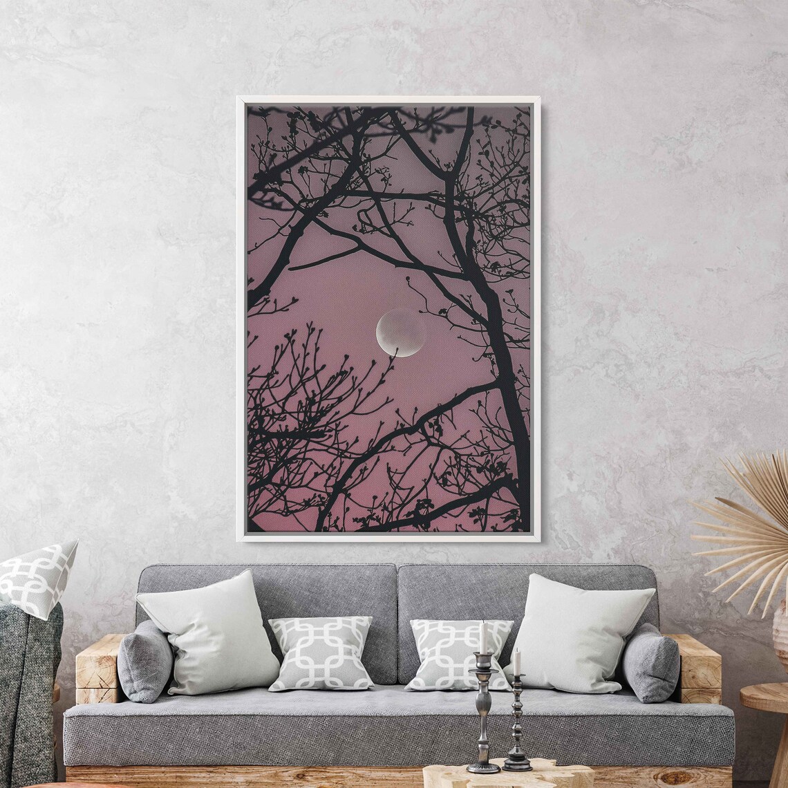 Full Moon Bare Tree Branches Mauve Dusk Sky Moody Minimal Wall Art Poster - Image 3