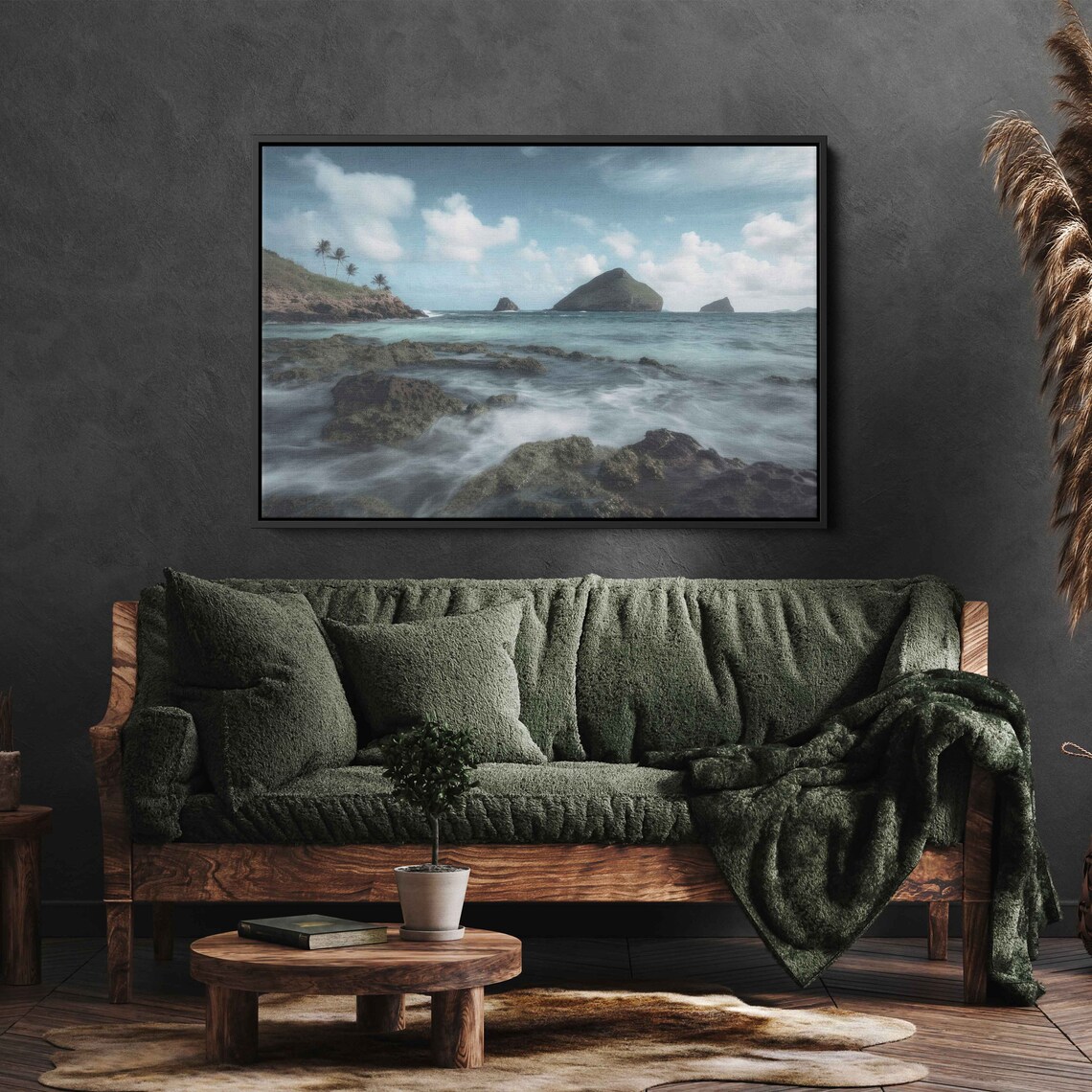 Tropical Rocky Coast Palm Hill Silky Waves Offshore Islands Landscape Poster - Image 3