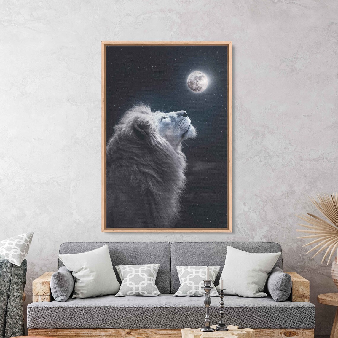 White Lion Gazing at Full Moon Starry Night Majestic Animal Wall Art Poster - Image 3