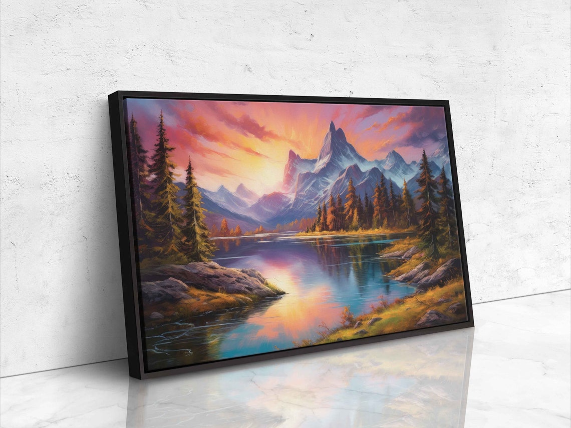 Mountain Lake Sunset Reflection Snowy Peaks Pine Forest Art Poster - Image 4