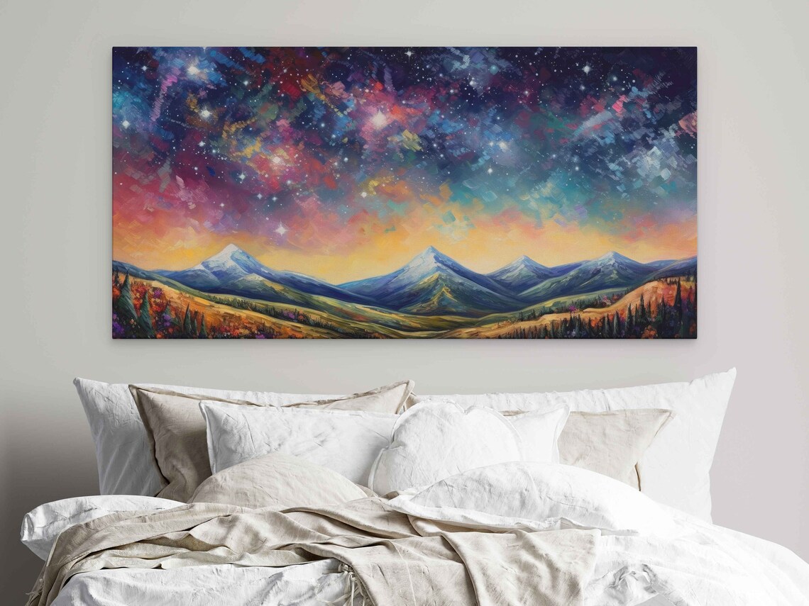 Colorful Starry Night Sky Nebula Over Snowy Mountain Peaks Celestial Travel Poster