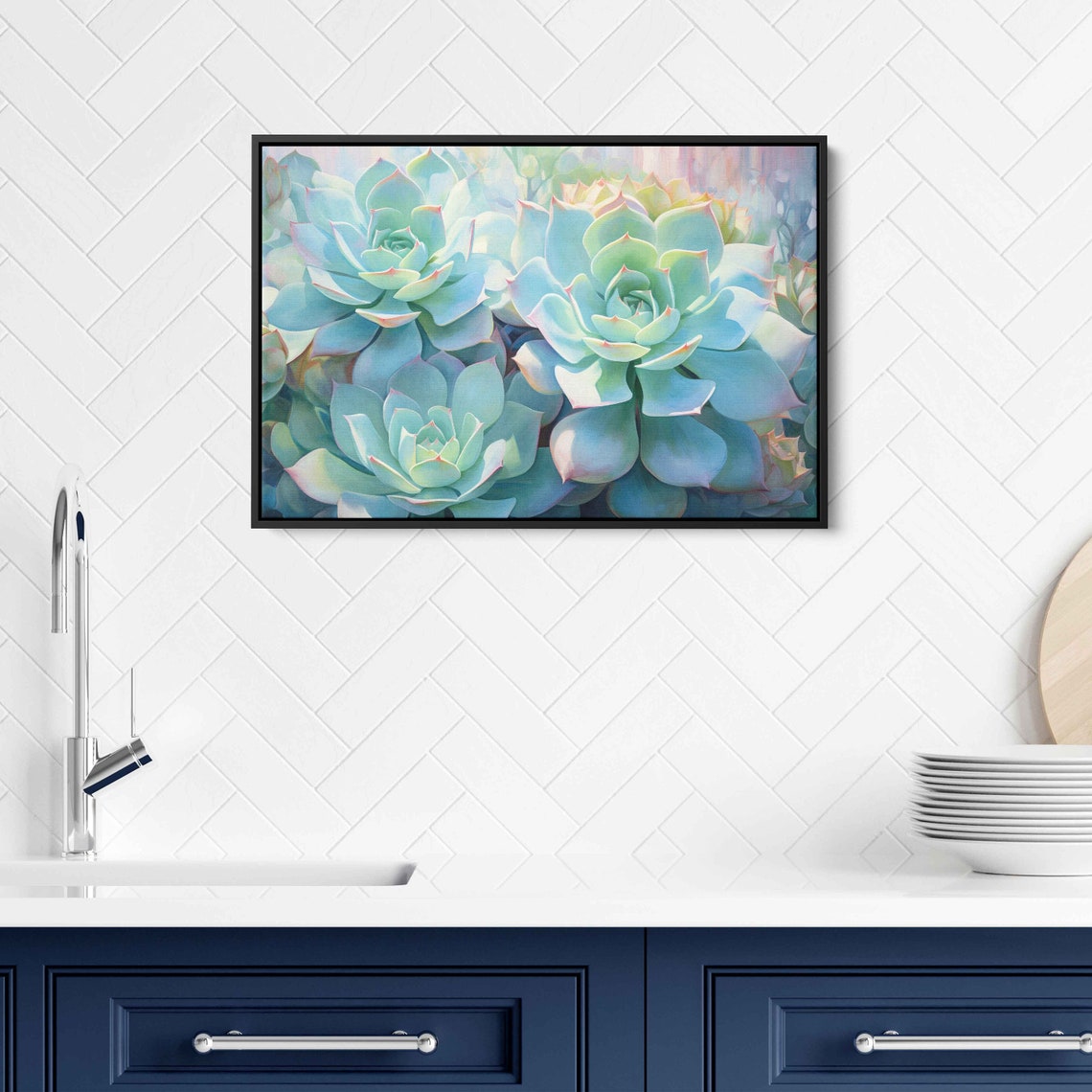 Blue Green Succulent Rosettes Painted Botanical Close Up Wall Art