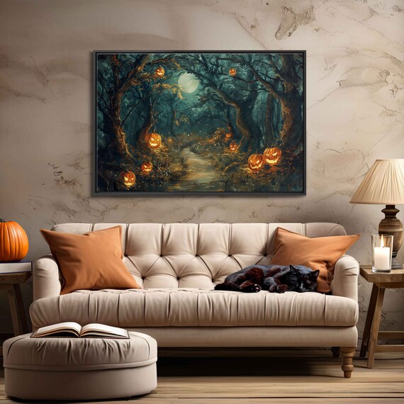 Moonlit Forest Path Lined With Glowing Jack O Lanterns In Foggy Night Wall Art