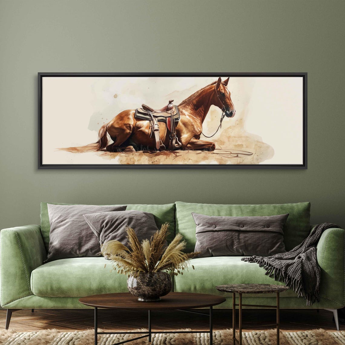 Saddled Chestnut Horse Resting Watercolor Minimalist Wall Poster - Image 3