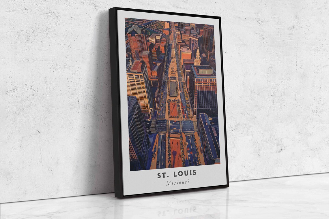 St Louis Missouri Downtown Aerial Street Sunset Skyline View Poster - Image 2