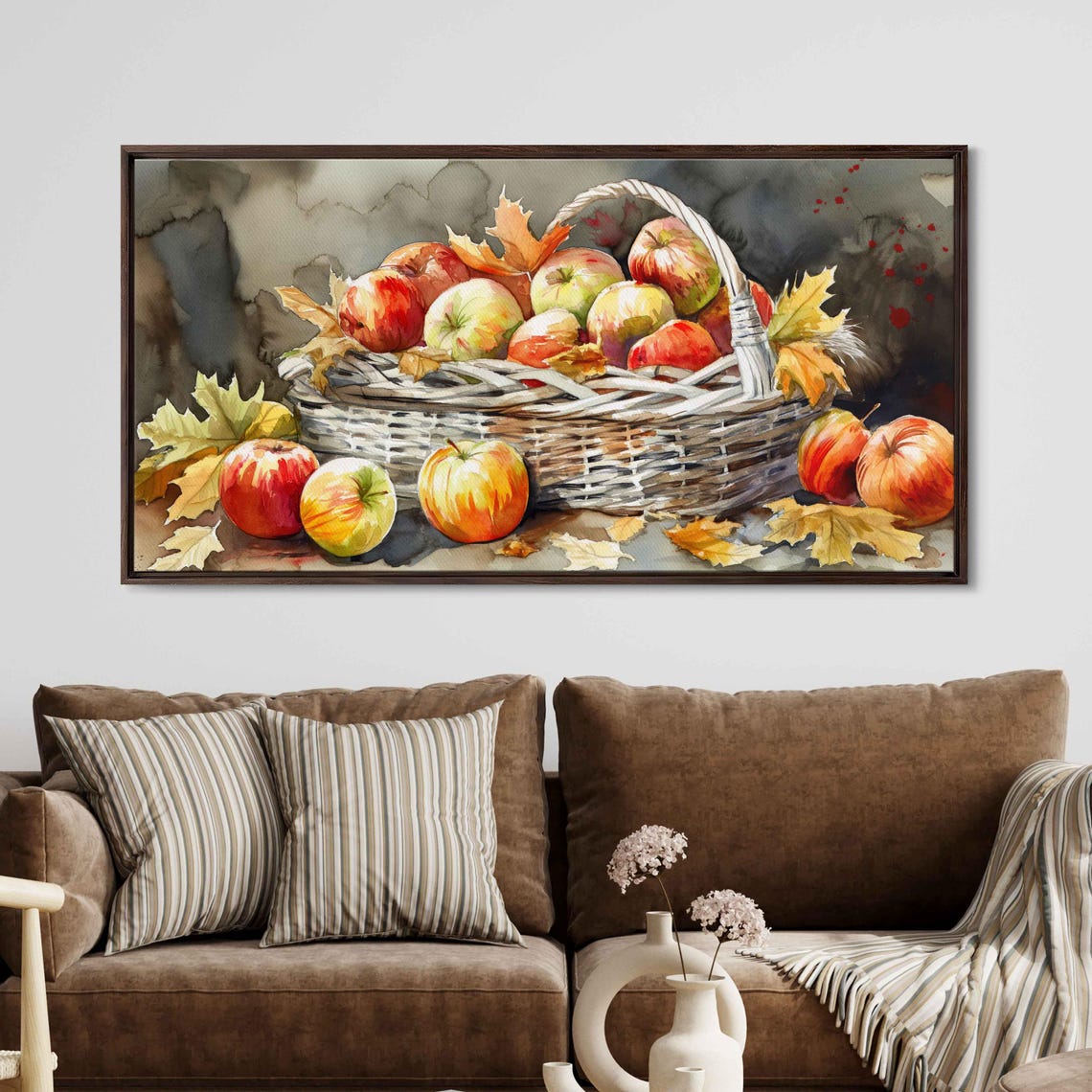Watercolor Basket Of Apples With Autumn Leaves Kitchen Art Poster - Image 3