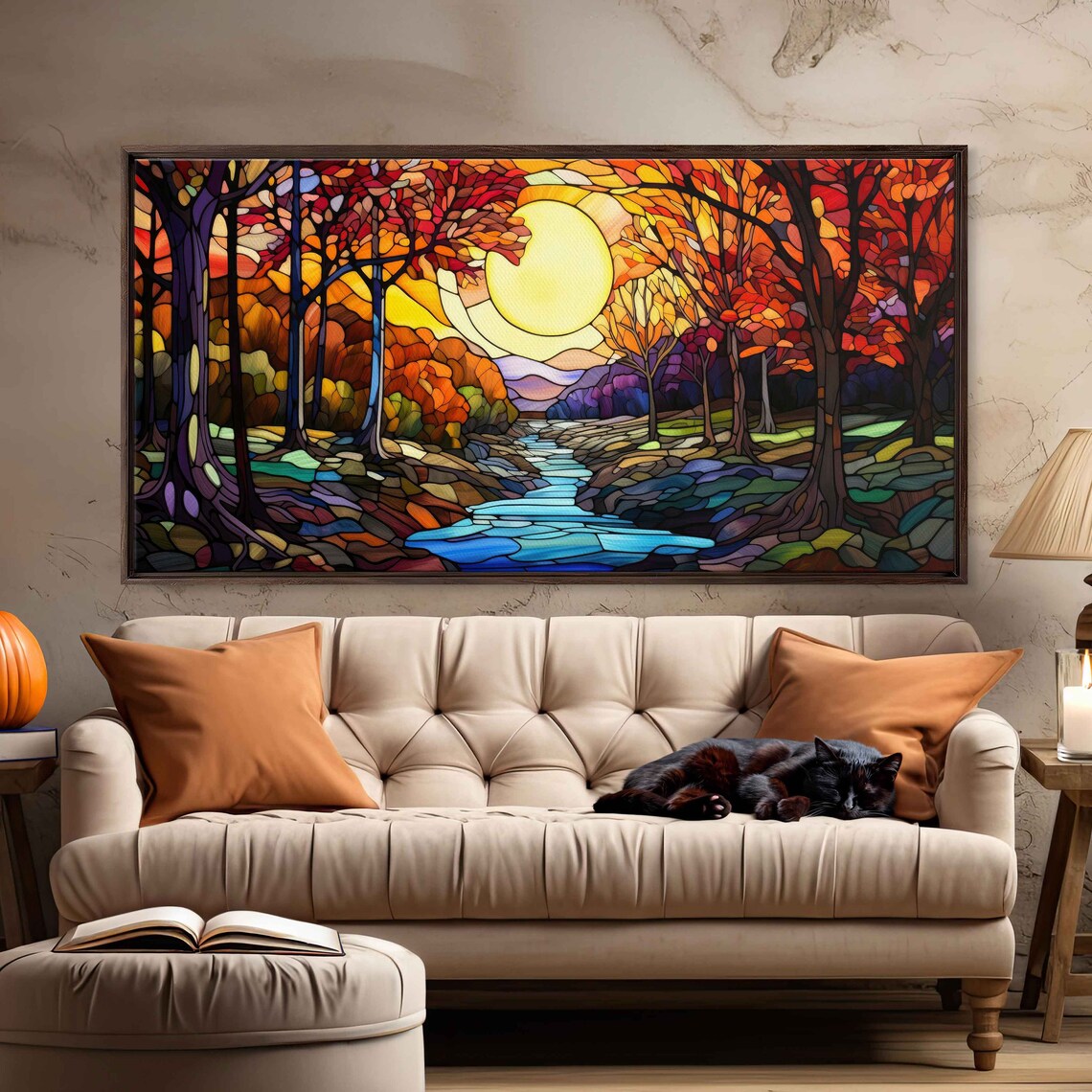 Mosaic Sunlit Forest Stream Wall Art Print Beautiful Vibrant Colors Mountain Range Ready To Hang - Image 2