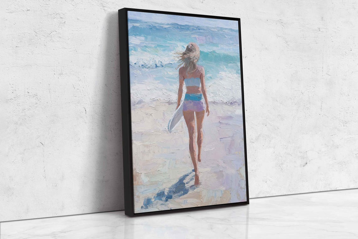 Surfer Walking Into Ocean From Sandy Beach Wall Art Print Tropical Island Gift For Surfer Blue Water Ready To Hang - Image 4