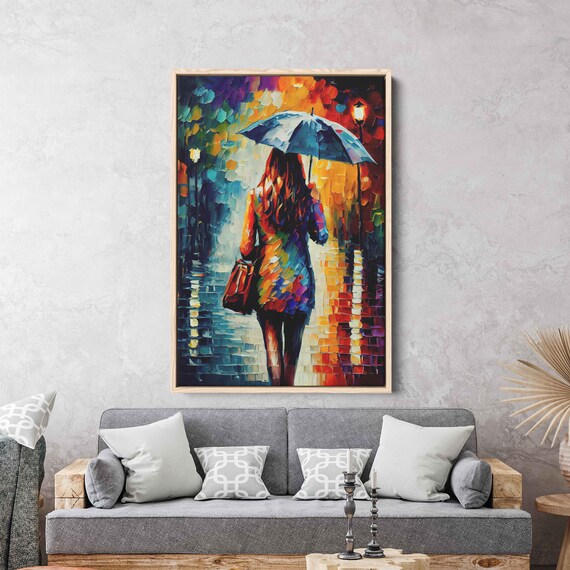 Woman With Umbrella Rainy Night Street Vibrant Palette Knife Oil Painting Print