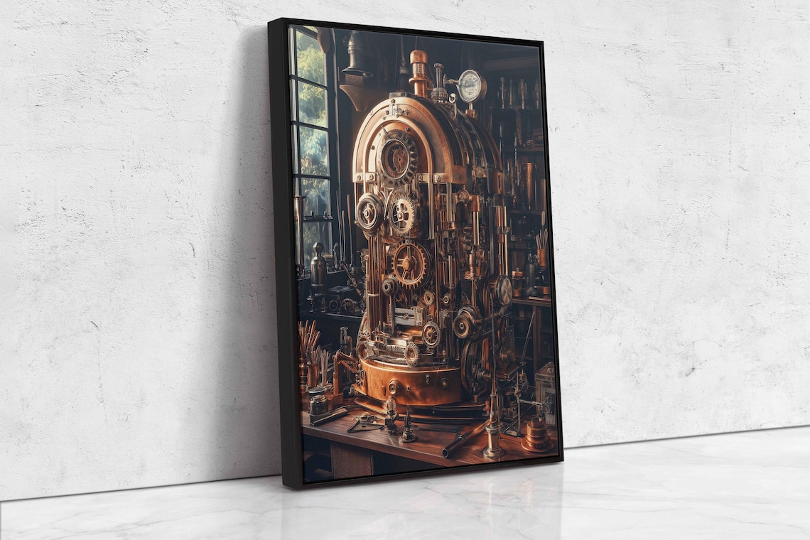 Intricate Steampunk Engine, Victorian Workshop Art Print - Image 4