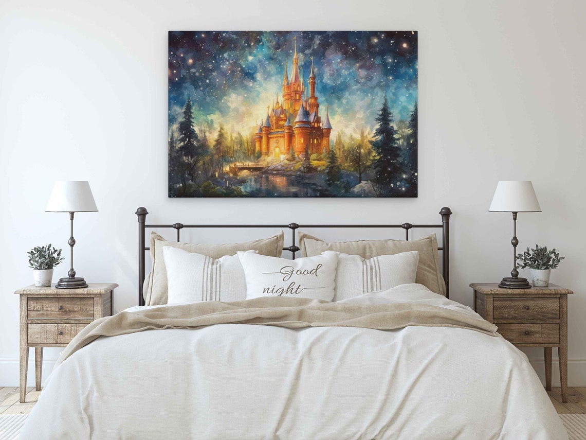 Golden Castle by Lake Glowing Spires Starry Night Snow Art Poster - Image 3