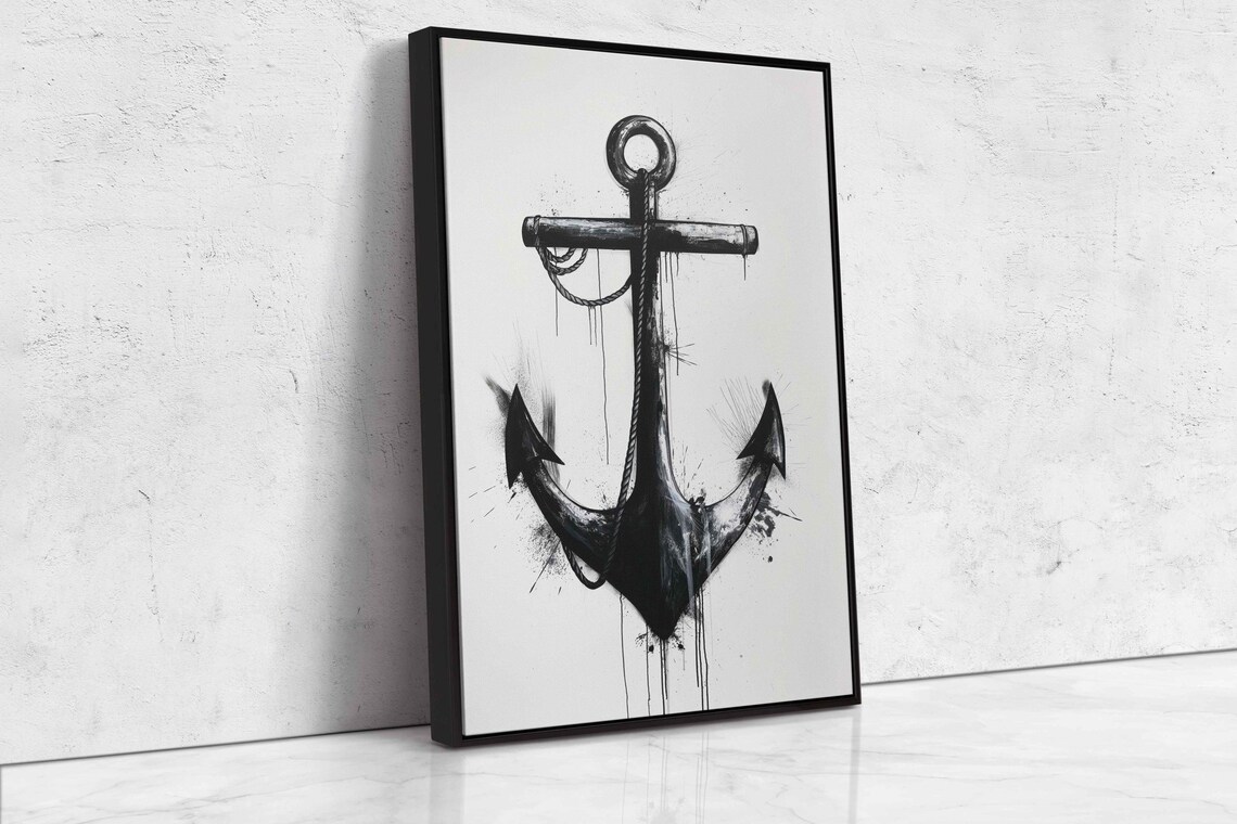 Black Ink Anchor Painting With Paint Drips On White Minimal Art Poster - Image 4