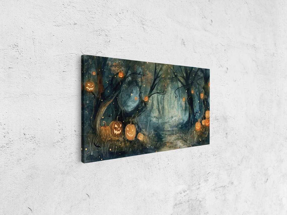 Enchanted Forest Hanging Jack O Lanterns Misty Night Path Halloween Print - Image 4