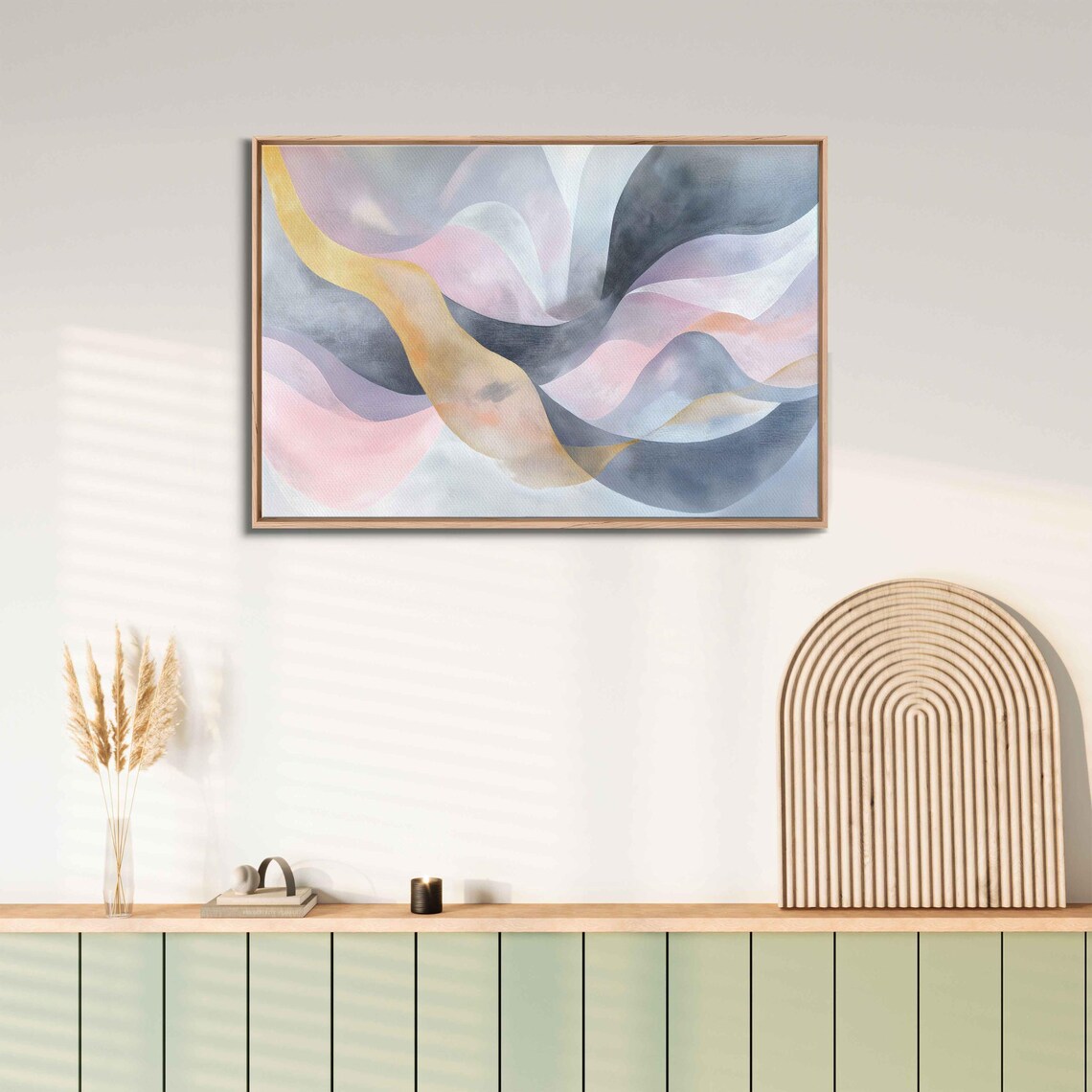 Abstract Pastel Composition, Flowing Curves With Gold Hints